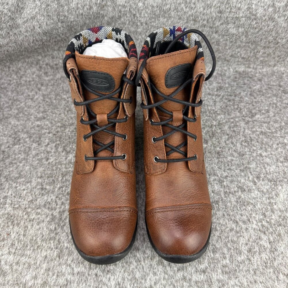 ✅Womens 7.5 Keen Tyretread Brown Leather Lace Up Ankle Boots Tortoise Shell Cuff - Picture 6 of 13